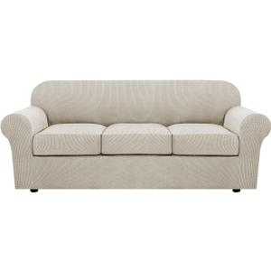 H.VERSAILTEX 4 Piece Stretch Sofa Covers for 3 Cushion Couch Covers for Living Room Furniture Slipcovers (Base Cover Plus 3 Seat Cushion Covers) Upgraded Thicker Jacquard Fabric (Sofa, Island Fossi) (Large)