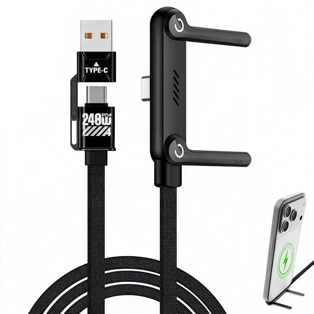 Invisible Holder Charger Cable, 240W PD Fast Charging Cable for Desk, USB-C to USB-C Cable with USB-A to USB-C Adapter with 360 Adjustable Metal Stand, 2 in 1 Holder Charger for Gaming, Office, Home