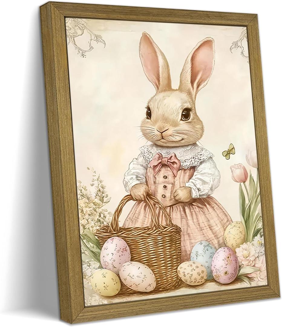 Framed Easter Bunny Wall Art, Vintage Holiday Decor Oil Painting, Rustic Farmhouse Spring Animal Wall Decor, Cute Rabbit Easter Eggs Canvas Print Paintings for Living Room Bedroom Nursery 16x24 Inch