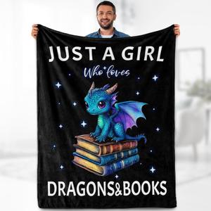 Dragon Book Blanket Gifts for Girl - Just A Girl Who Loves Books Themed Animal Lovers Throw for Woman Kids Adults Soft Fleece Cozy Bed Couch Decor Birthday Christmas Lightweight Blanket 50"x60"