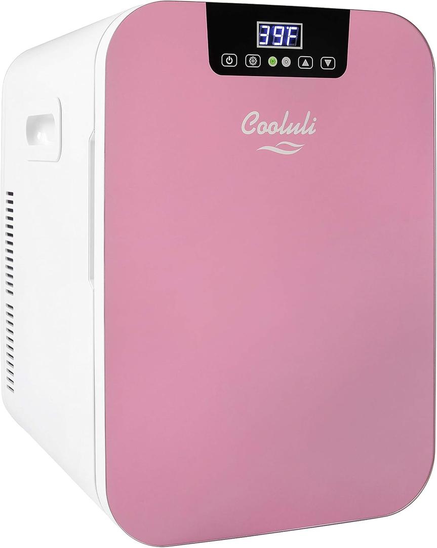 Cooluli 20L Mini Fridge For Bedroom - Car, Office Desk & College Dorm Room - Glass Front & Digital Temperature Control - Small 12v Refrigerator for Food, Drinks, Skincare, Beauty & Breast Milk (Pink) (21.1 Quarts)