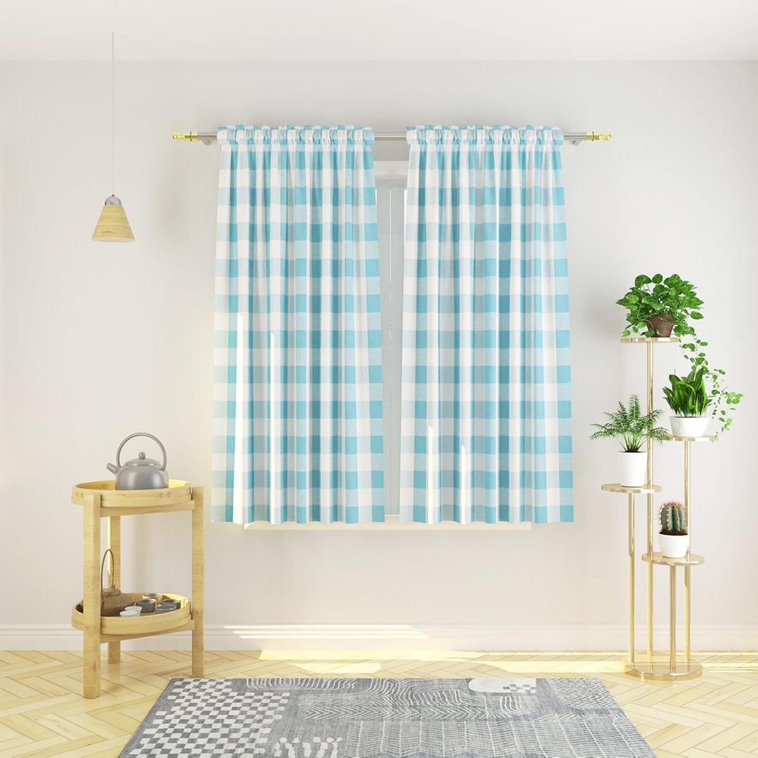 Cotton Curtains Sky Blue and White Buffalo Gingham Check Curtain Panels 63 inches Long Living Room Drapes Plaid Checker Kitchen Bedroom Window Treatment Set 2 Panels Rod Pocket 52"Wx63"L
