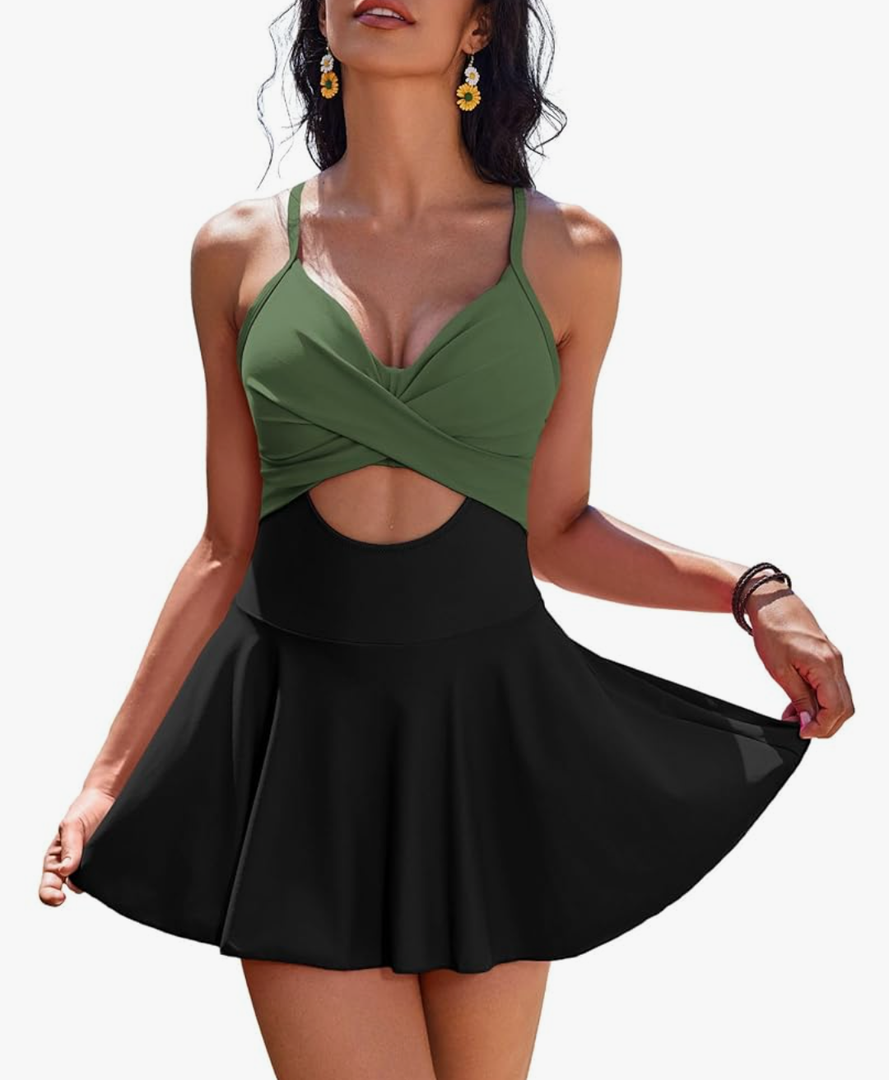 AI'MAGE Women's One Piece Swimdress V Neck Tie Back Skirt Swimsuit Push Up Tummy Control Bathing Suits XL