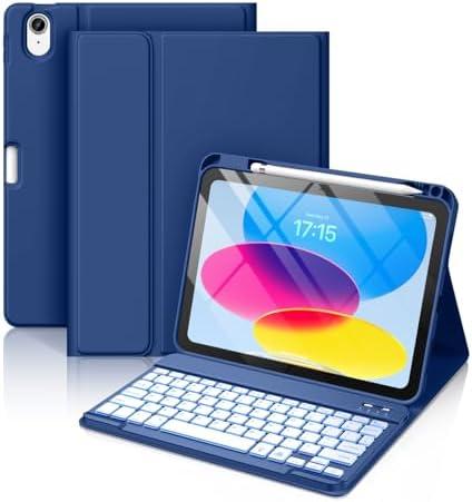Hamile for iPad 11th 10th Generation Case with Keyboard - 7 Colors Backlit Wireless Detachable Folio Keyboard Cover with Pencil Holder for iPad A16 11-inch 2025 10th Gen 10.9 Inch 2022 (Navy Blue)