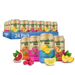 Spindrift Brewed Iced Tea, Variety Pack with Black Tea & Green Tea, Made with Real Squeezed Fruit, No Carbonation, Slightly Sweet, 12 Fl Oz Cans, Pack of 24 (22-49 Calories) (EXP 01/16/27)