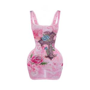 WDIRARA Women's Floral Graphic Rhinestone Bodycon Tank Dress Square Neck Sleeveless Mini Dresses Pink Small