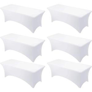 6-Pack Premium White Spandex Tablecloths for 8ft Rectangle Tables, Stain & Wrinkle-Resistant, Washable Stretch Polyester Fitted Table Cover for Weddings, Banquets, Trade Shows Events