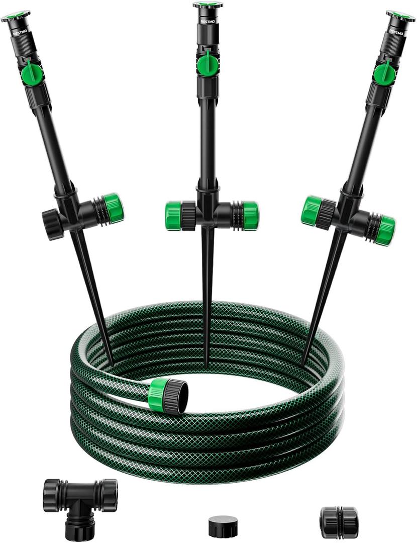 RESTMO Flexible Sprinkler System with Metal Spike Base, Above Ground DIY Irrigation Kit, Multi-Adjustable Lawn Sprinkler Set, Ideal for Plant and Flower Bed Watering, 30ft Garden Hose Included (Green)