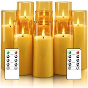 kakoya Flickering Flameless Candles Battery Operated with Remote and 2/4/6/8 H Timer Plexiglass Led Pillar Candles Pack of 9 (D2.3 xH 6" 7" 8") with Realistic Moving Wick Candles for Home Decor(Gold)