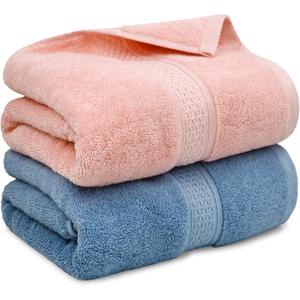 Cleanbear Ultra Soft Bath Towel Set of 2, 100% Cotton Towels for Shower, Spa or Swim Use, Medium Weight Extra Absorbent 55 x 27 1/2 Inches (Pink, Blue-Grey)