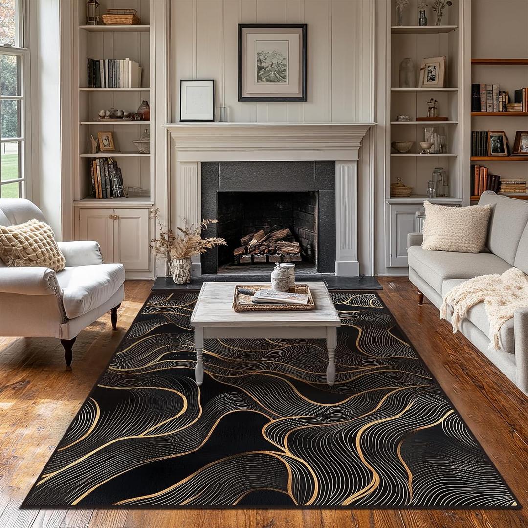 5x7 Area Rug Black Gold Modern Rug for Living Room Indoor Machine Washable Abstract Rugs for Bedroom Ultra Soft Dining Room Large Carpet Non-Slip Non-Shedding Throw Rug for Home Office Kids Playroom