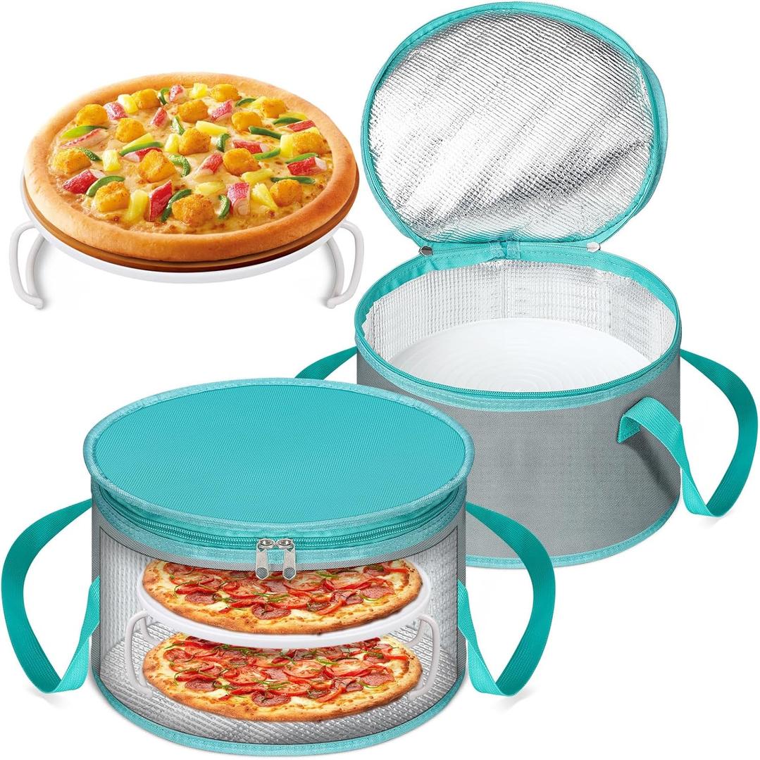 Yaomiao 2 Sets Round Pie Carrier 11 x 7 Inch with Dish Tray Plate Stacker Insulated Casserole Carrier with Lid and Handle Reusable Cooler Thermal Bags for Cold Food for Potluck Picnic (Gray and Teal)