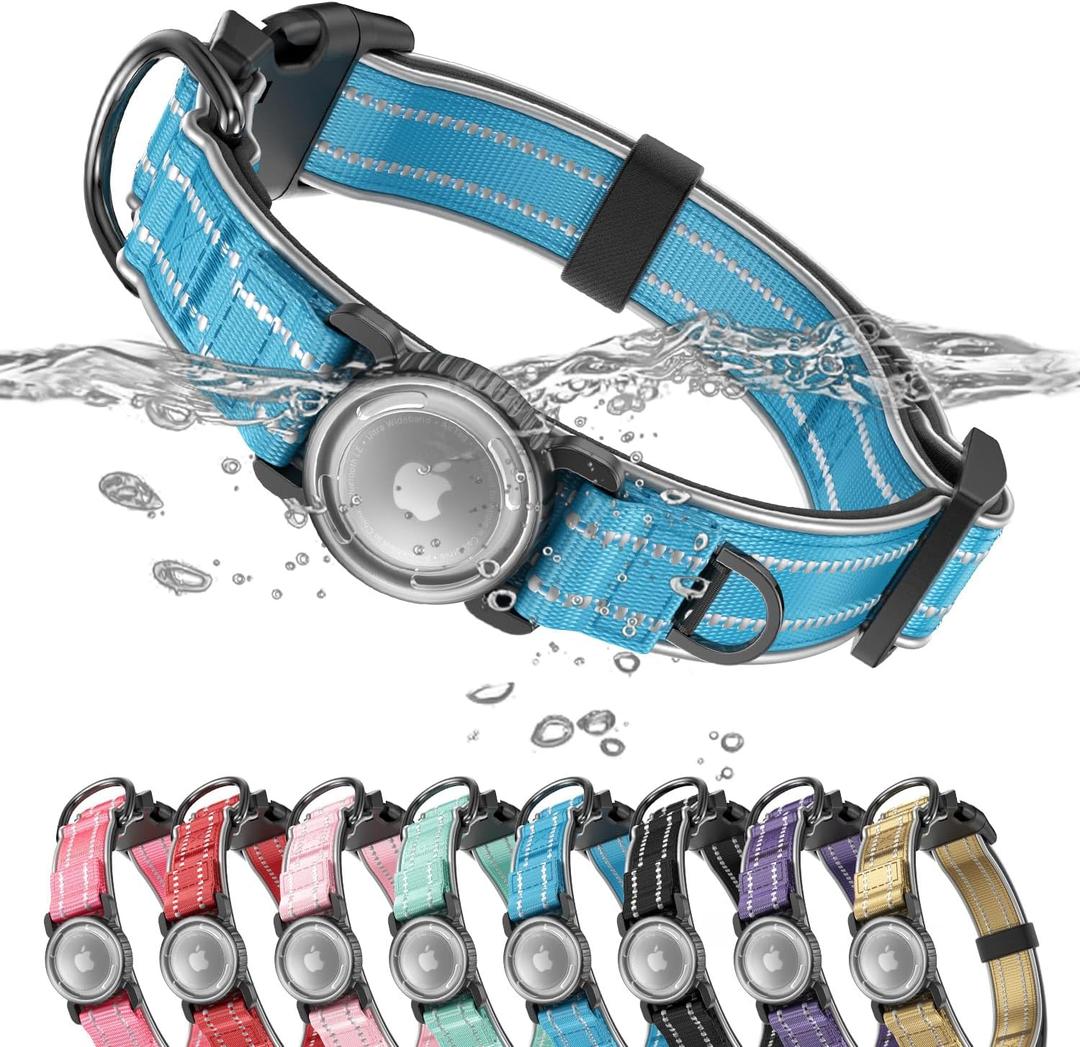 Upgrade Airtag Dog Collar,with IPX8 Waterproof AirTag Holder | Reflective Ultra-Durable | Soft Padded | Lock Buckle | Heavy Duty | Fit  Dogs Blue 1 L(17"23")