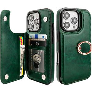 ONETOP for iPhone 16 Pro Wallet Case with Card Holder, 360 Rotation Ring Kickstand RFID Blocking PU Leather Double Magnetic Clasp Shockproof Cover for Women and Girls 6.3 Inch (Green)