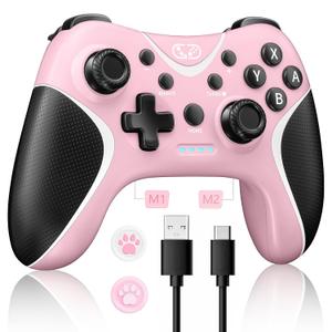 BRHE Wireless Switch Pro Controller Compatible with Nintendo Switch/Lite/OLED/Switch 2, Windows PC, iOS, and Android - Programmable, Vibrating, Turbo, and Wakeup with 2 Thumb Caps Included (pink)