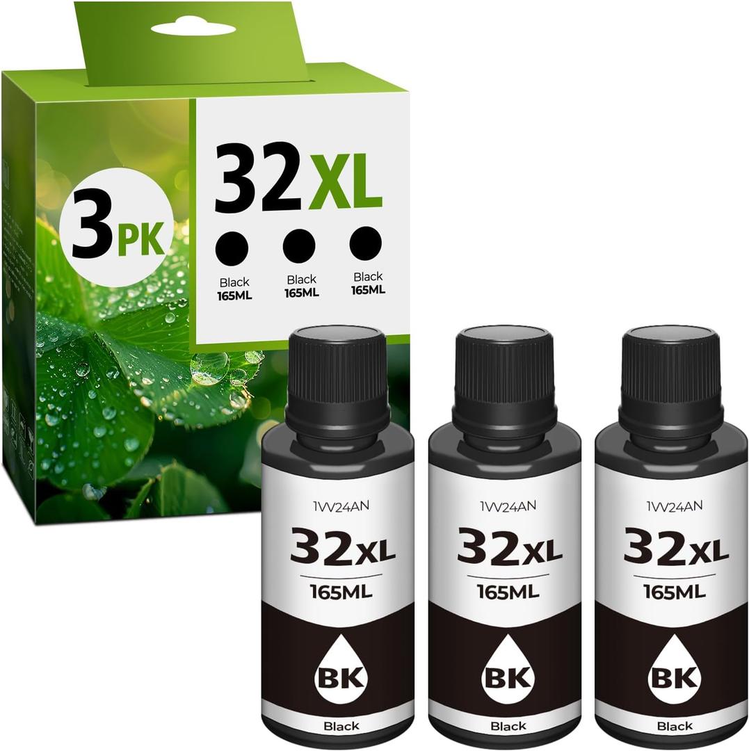 32XL Black Ink Bottle Compatible with HP Smart Tank 5101 651 7602 5000 6001 7001 5103 7301 7302 7006 5102 7002 Refill Ink Compatible with 32XL Black Ink Bottle,1VV24AN,165ML 32 XL Refill Ink, 3Pack
