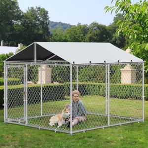 7.5'x7.5' Outdoor Dog Kennel with Metal Dog Gate, Outdoor Dog Pens with Roof, Heavy Duty Dog Kennel for Backyard Farm Use