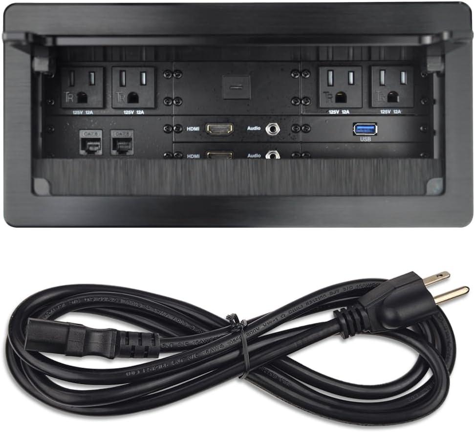 Tabletop Multimedia Connectivity Box with 4 AC Power+2 HDMI+2 RJ45+1 USB3.0 Port +1 USB-C +2 Audio with 5.58ft Power Cord for Conference Room Office Desk(Black)