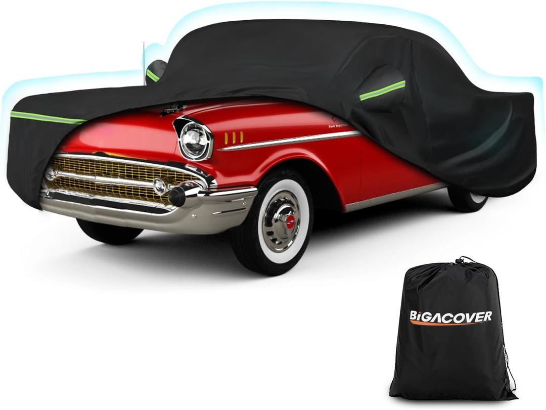 Waterproof Car Covers for Chevrolet Bel Air/150/210 1950-1957 Sedan/Coupe/Hardtop, 420D Oxford Cloth Sun Heat Protection Outdoor Full Covers with Driver Side Zipper Windproof Heavy Duty All Weather (Black)