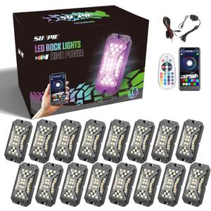 SUNPIE 16 Pods RGBW Rock Lights  Full Beam Angle, 30 High Power Chips, Aluminium Housing, Mounting Pads Included, IP67 Waterproof, Music Mode Underglow Lights, Fits Trucks, SUV, ATV, UTV, Boats