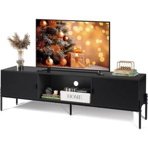 WLIVE TV Stand for 65 Inch TV, Mid Century Modern Entainment Center with 2 Storage Cabinets & Open Shelf, TV Console Table Media with Metal Legs for Living Room, Bedroom, Black, 57.87l*14.57w*17.71h