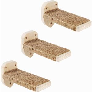 3 Pcs Cat Wall Steps, Cat Shelves and Perches for Wall, Wall-Mounted Cat Climbing Shelf with Hemp Rope Covered, Cat Wall Furniture Steps Set with Scratching Pads for Cats Playing and Climbing (Wood)