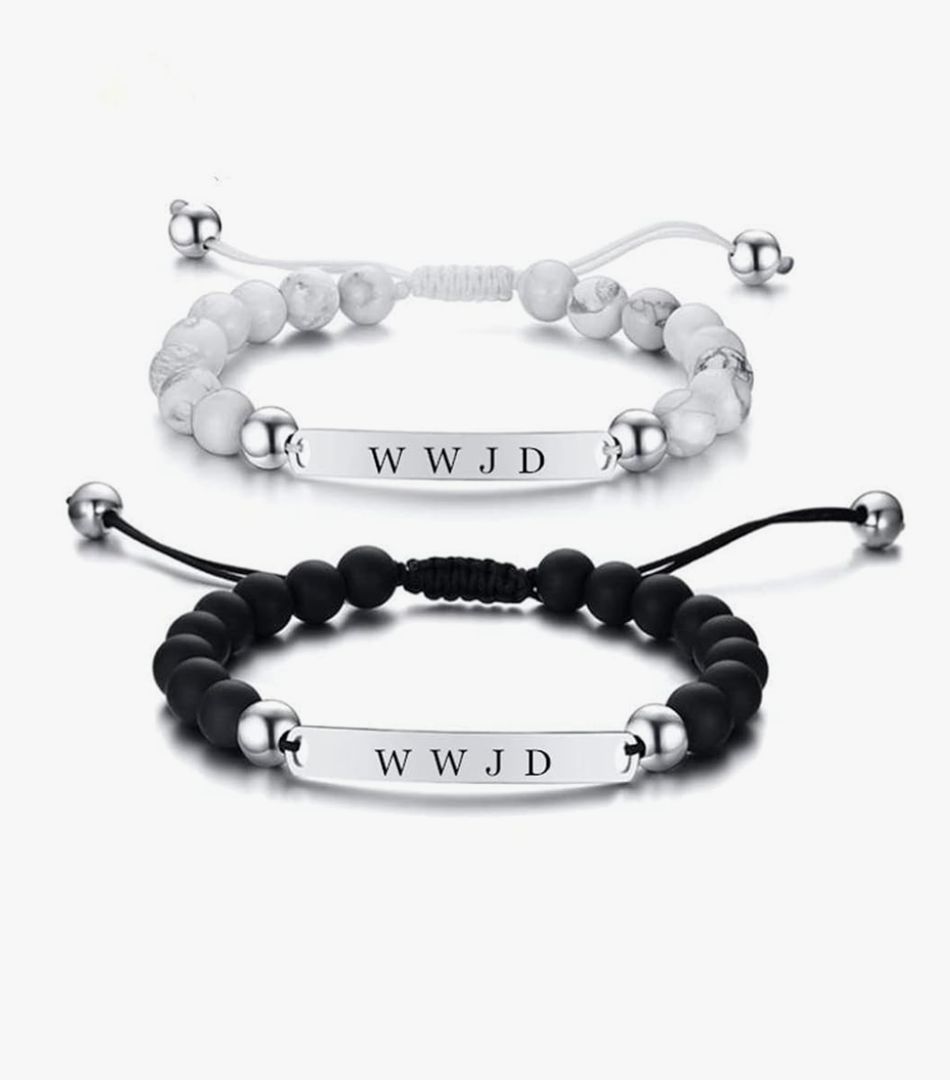 ZKXXJ WWJD HWLF Bracelet Set for Men Women,Adjusted Black White Beaded Onyx What Would Jesus Do He Would Love First Bracelets Inspirational Religious Reminder Jewelry Baptism Easter Gift