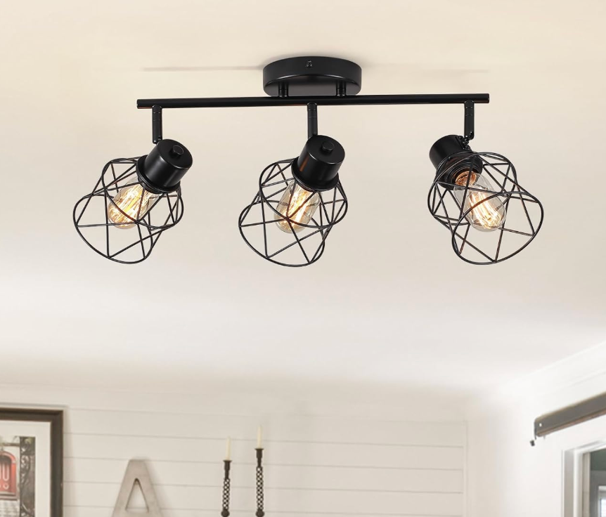 3-Lights Black Track Lighting Fixture Ceiling,Adjustable Semi Flush Mount Ceiling Light Fixture Multi-Directional Rotatable Kitchen Track Lighting Fixtures with Geometric Cages for Dining Room