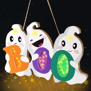 LOMIMOS Halloween Door Hanger Sign Decorations with Lights, Cute Ghost Welcome Sign for Front Door Porch Outdoor Indoor Hanging Wall Decor Farmhouse Holiday Decor (BOO)