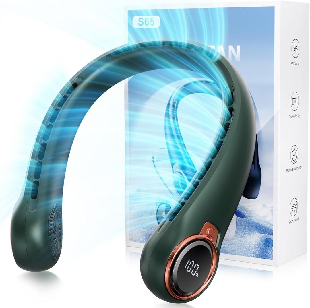 Portable Neck Fan with 6000mAh USB - Rechargeable Battery, Ultra-Light Bladeless Neck Fan LED Display, 360 Cooling Wearable Fan, 3 Speeds (Green)