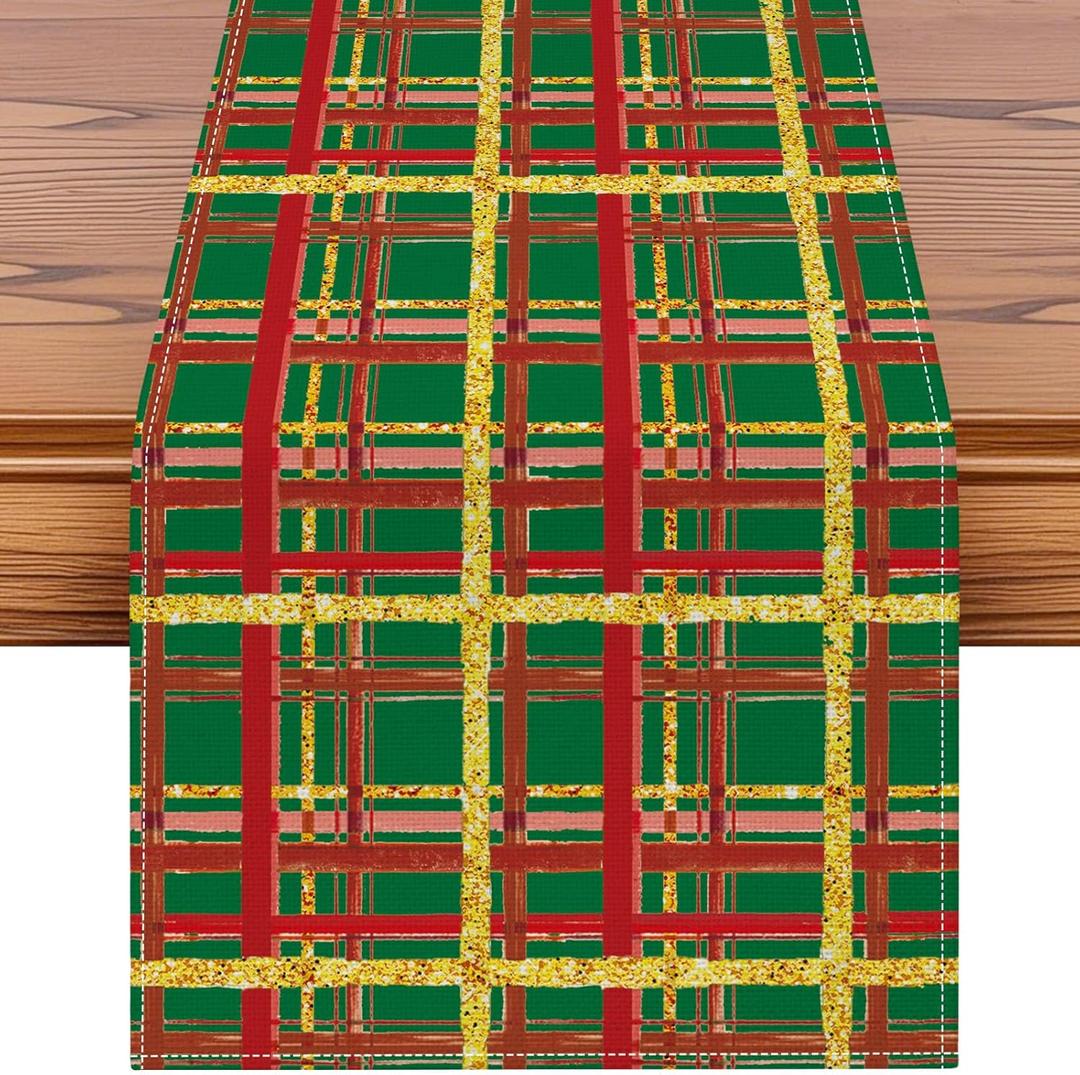 3 x Artscope Buffalo Plaid Christmas Table Runner, Xmas Winter Holiday Kitchen Dining Table Decoration for Christmas Home Party Decor 13x108 Inch-Green