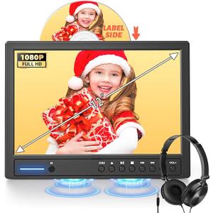 12" Portable DVD Player for Car with Headphone | Car DVD Player with Headrest Mount, Suction-Type Disc in,Support HDMI Input, AV in/Out,1080P Video, USB/SD Card Reader