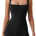 QINSEN Womens Strappy Square Neck Tank Top Tummy Control Bodycon Stretch Shorts Jumpsuit Outfits (Medium, Black)
