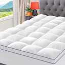 CYMULA California King Mattress Topper, Cooling Mattress Pad Cover, Extra Thick Pillow Top Mattress Topper with 8-21 Inch Elasticated Deep Pockets, Plush Down Alternative Fill Mattress Protector (White With Blue Lines)