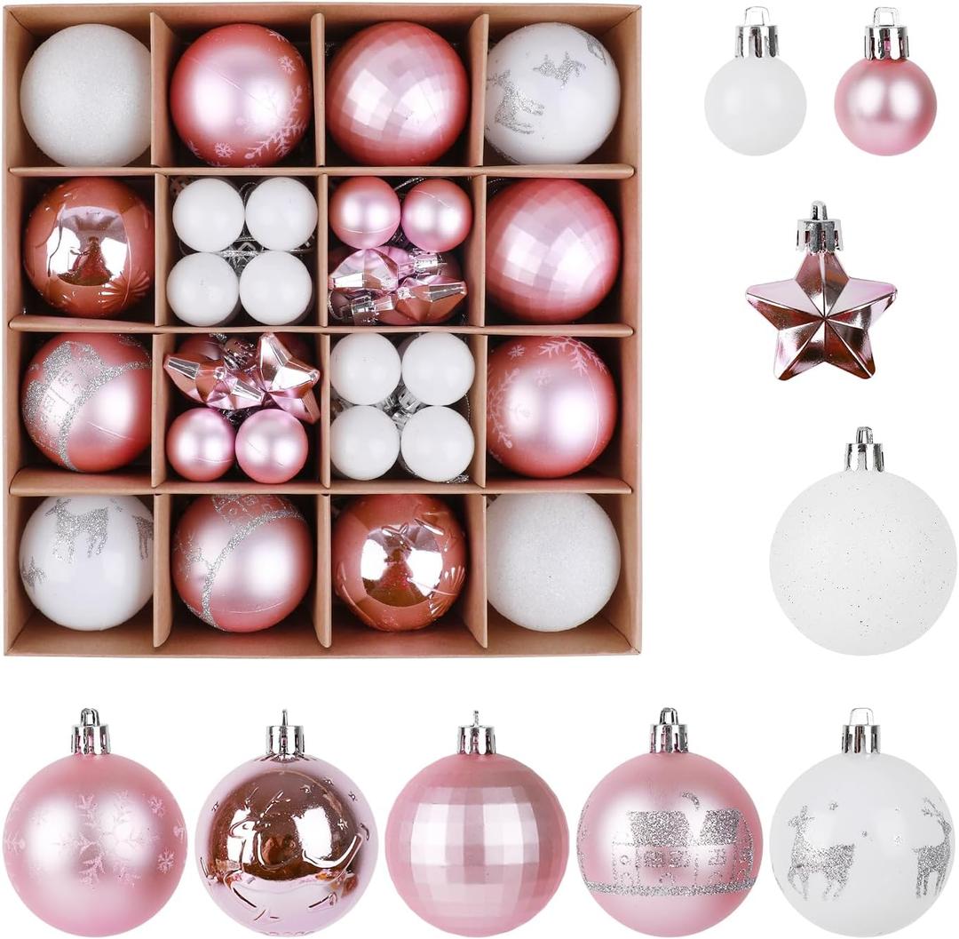 Christmas Balls Ornaments Set, 44 Pcs Xmas Shatterproof Plastic Baubles Hanging Balls for Christmas Tree Holiday Party Wedding Decoration (Pink & White)