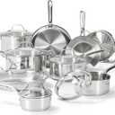 T-fal Gourmet 15-Piece Stainless Steel Cookware Set, Pots and Pans Cooking Set, Dishwasher Safe, Oven Safe to 500F, Induction Compatible, Stock Pot, Sauce, Saute, Frying Pans, Silver