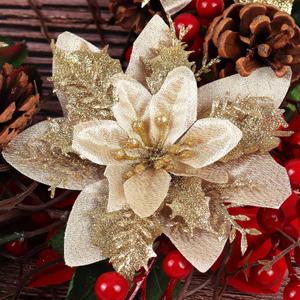 RECUTMS 10 Pcs Christmas Glitter Artificial Poinsettia Flowers 6 inch Christmas Wreath Christmas Tree Flowers Ornaments Holiday Seasonal Decorations for Xmas New Year Wedding Party (Gold)
