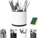 LIBODOUR Utensil Holder,Kitchen Utensil Holder For Counter,Rotating Silverware Organizer Cooking Flatware Spoon Spatula Tool Cutlery Container Stainless Steel Caddy (Medium, white)