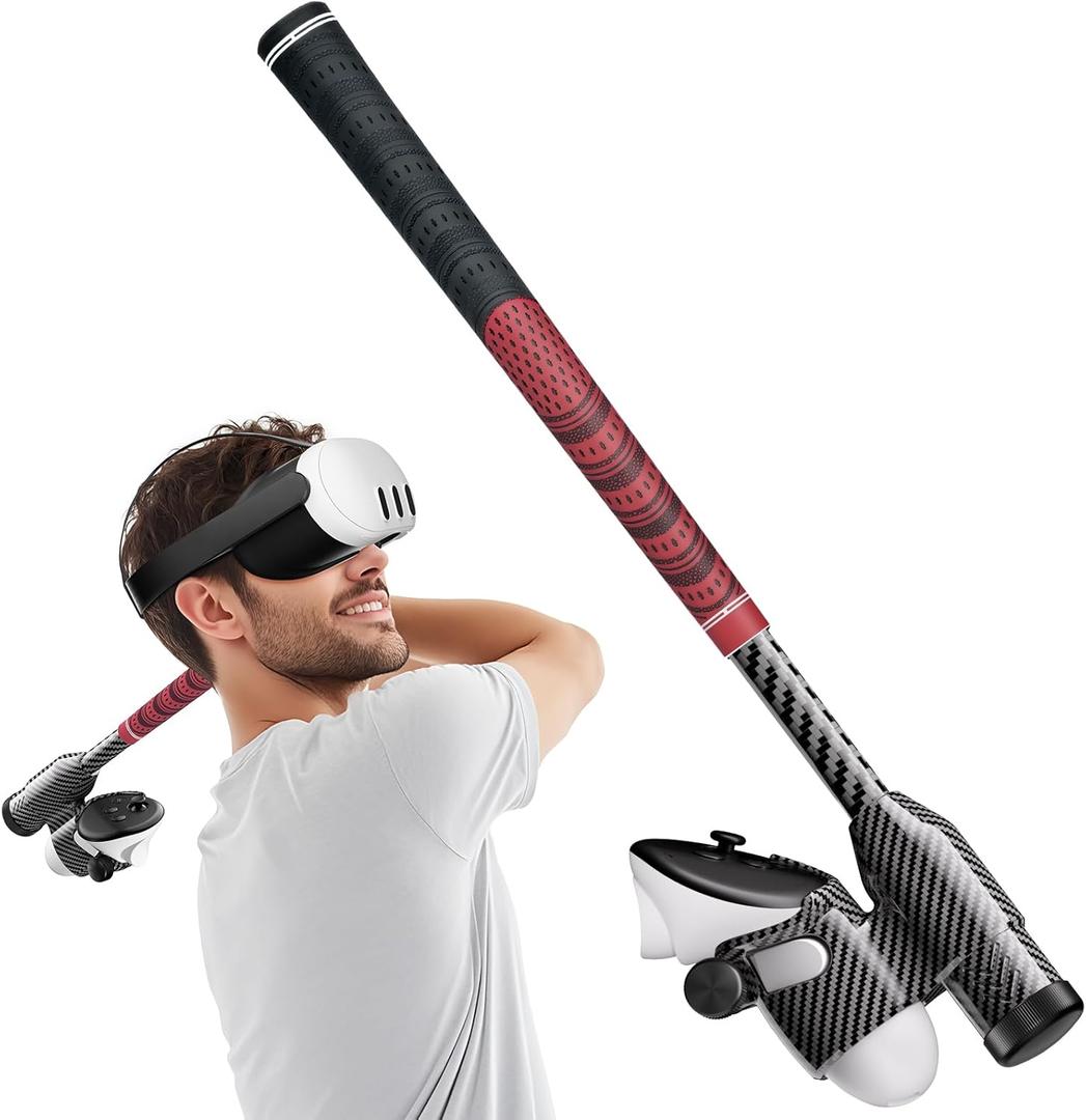 VR Golf Club Attachment Compatible with Meta/Oculus Quest 3/3S, Premium Carbon Fiber Grip, 100% Tracking and Golf Club Weighted Design, Golf Gifts for Men - Right Controller(Red)