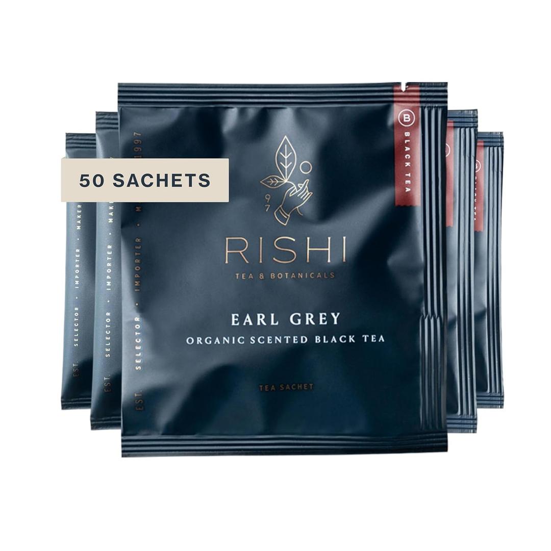 Rishi Tea Earl Grey Tea - Organic Sachet Tea Bags, Pure Black Tea with Bergamot Oil, Energizing & Caffeinated - 50 Count (EXP 12/11/27)