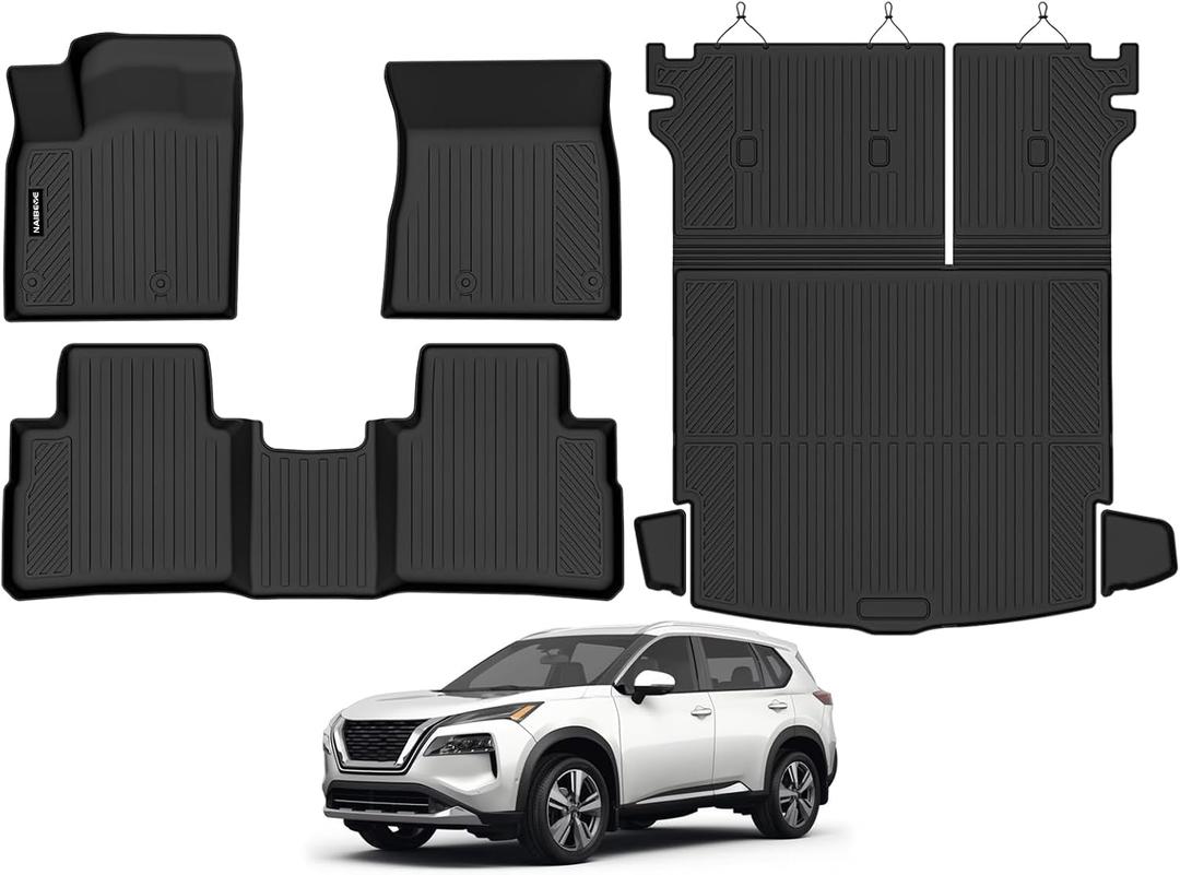 Naibeve Floor Mats for Nissan Rogue 2021-2026 2026.5- All Weather Custom Fit for Nissan Rogue Floor Mats Cargo Mat with Backrest Mats Door Sill Guards Accessories(Not for Rogue Select or Sport Models)