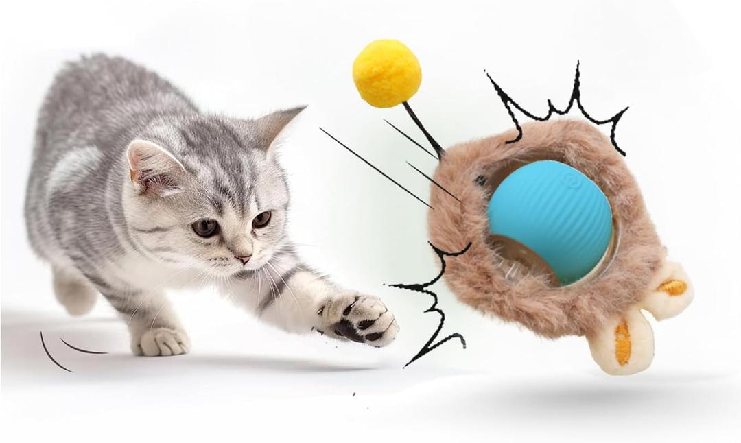 Interactive Cat Toy Ball for Indoor Cats, 2025 New Fast Self Rolling Ball Cat Toy on Carpet, Smart Interactive Automatic Cat Toy Ball for Gifts for Indoor Cats, Moving Cat Toy Ball-Plush Style(Blue)