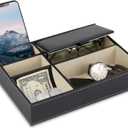 Baoyun Mens Valet Tray Organizer, Mens Jewelry Box, Nightstand Organizer with 5 Compartments, Dresser Faux Leather Storage Box for Wallet, Phone, Keys (Black)