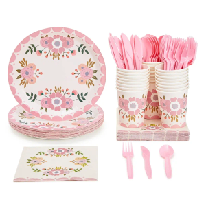 Blue Panda Vintage Floral Party Supplies Pack - Serves 24 - Includes Knives, Spoons, Forks, Plates, Napkins, and Cups