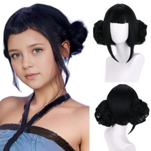 MAGQOO Black Wig with Buns Short Straight Bob Wig with Bangs Cartoon Anime Cosplay Costume Halloween Wigs