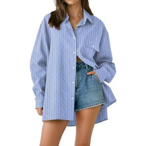 AKEWEI Button Down Shirts for Women Long Sleeve Collared Work Blouse Fashion Oversized Office Shirts with Pocket (X-Large, Striped Blue)