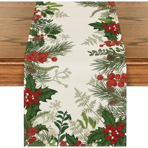 Artoid Mode Holly Pine Cone Christmas Table Runner, Seasonal Winter Kitchen Dining Table Decoration for Home Party Decor 13x72 Inch (Green)