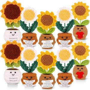 10 Pcs Sunflower Crochet Bulk Appreciation Gift Positive Artificial Knitted Crochet Doll Inspirational Thank You Gift for Teacher Coworker Employee Women Christmas Table Office Desk