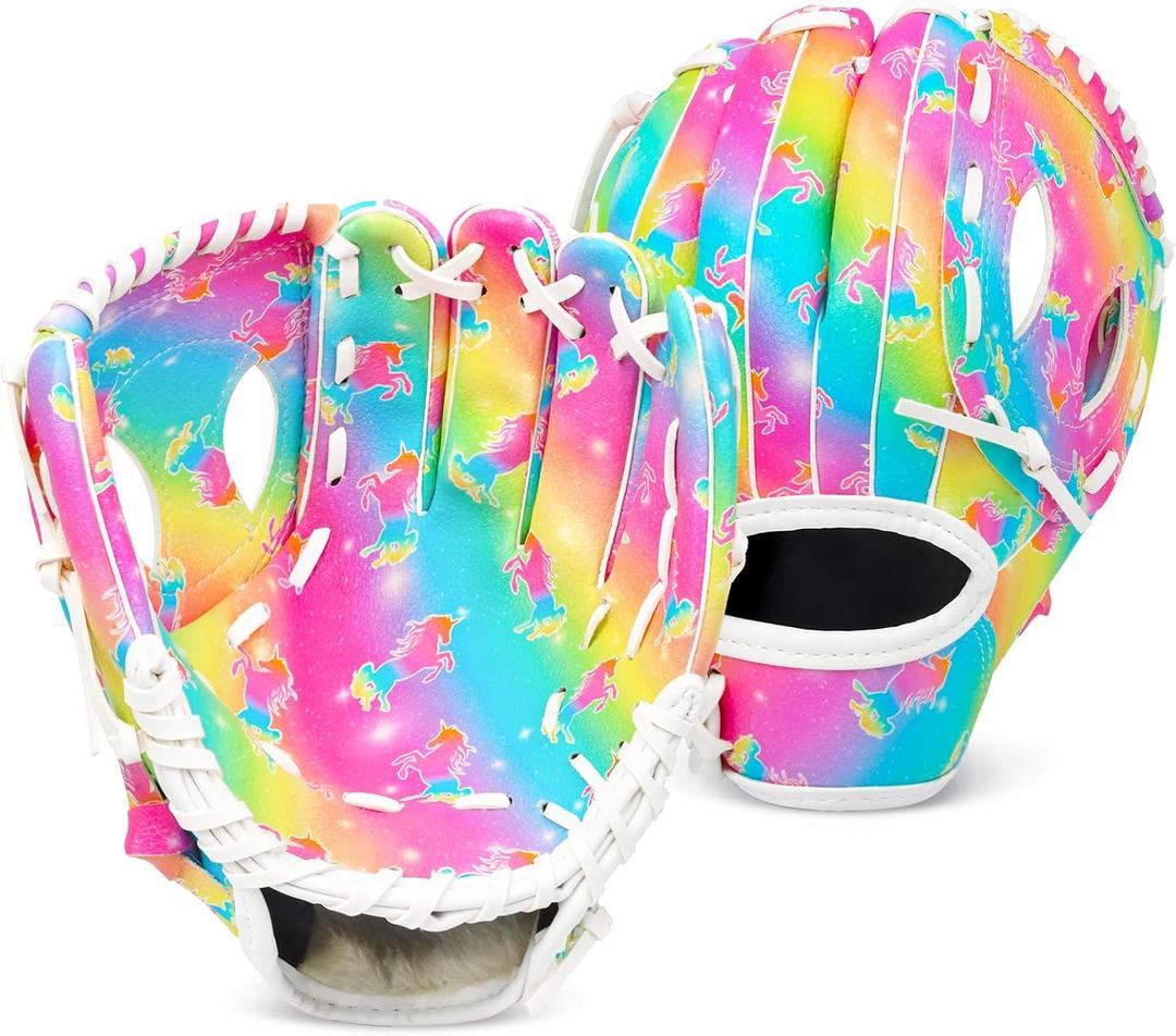 Kids Baseball Glove, Softball Gloves, Kids Girls Toddlers Baseball Softball Mitt, 9''-10.5'' T-Ball Glove for Training and Beginner Play, Left Hand Glove, Right Hand Throw (Rainbow Unicorn)
