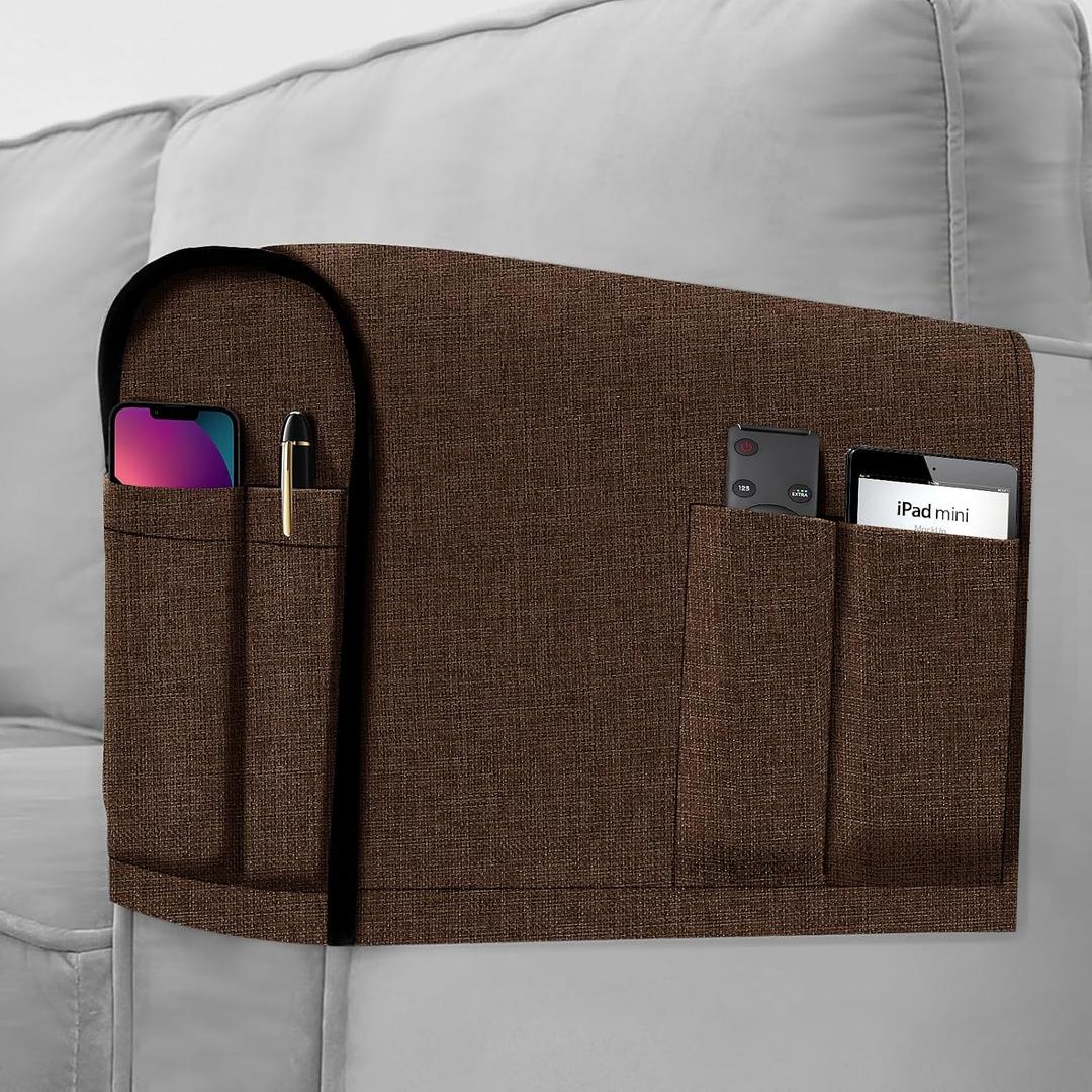 Joywell Linen Armrest Covers for Living Room Anti-Slip Sofa Arm Protector for Dogs, Cats, Armchair Slipcover for Recliner with 4 Pockets for TV Remote Control, Phone, Set of 2, Dark Brown